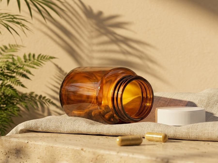 Amber glass supplement jar in golden light