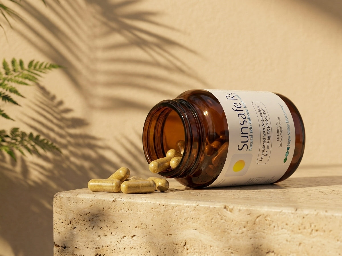 Sunsafe Rx bottle with capsules on a stone ledge