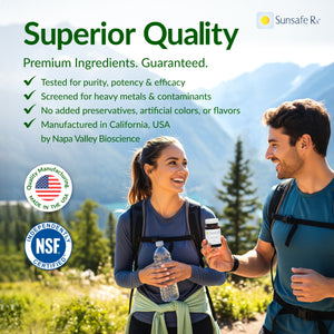 Two people hiking with a bottle of water and a supplement bottle, set against a mountainous landscape. Sunsafe Rx branding is present.