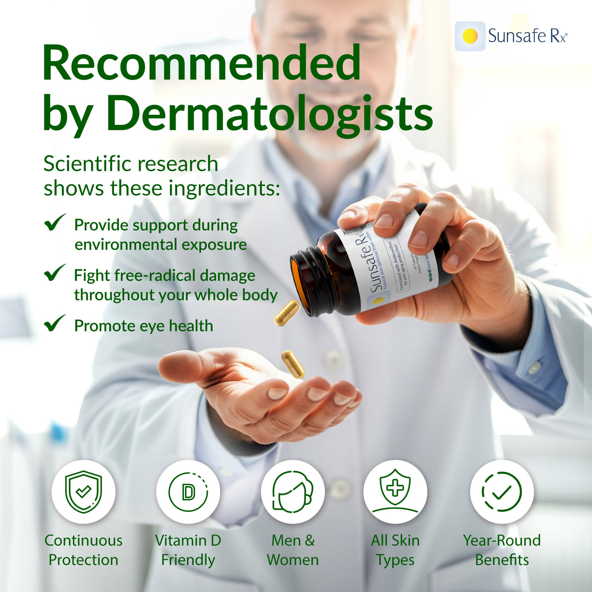 Sunsafe Rx product: dermatologist recommendation and product benefits.