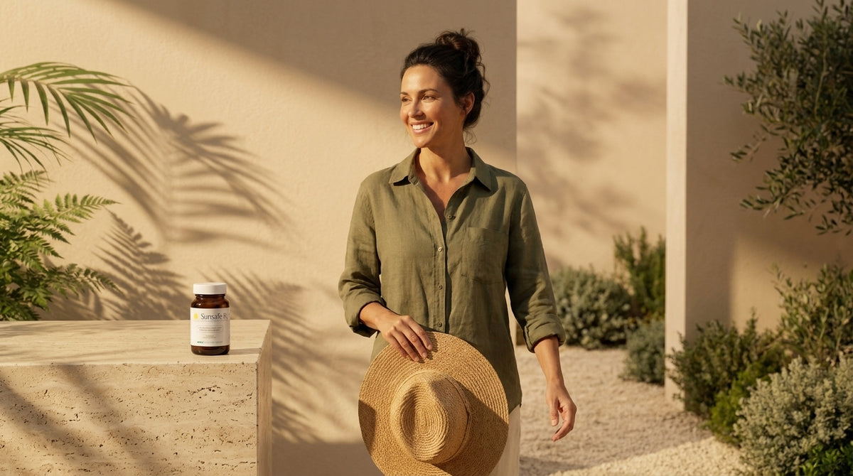 A woman in an olive linen shirt walking a garden path in golden light, carrying a straw hat