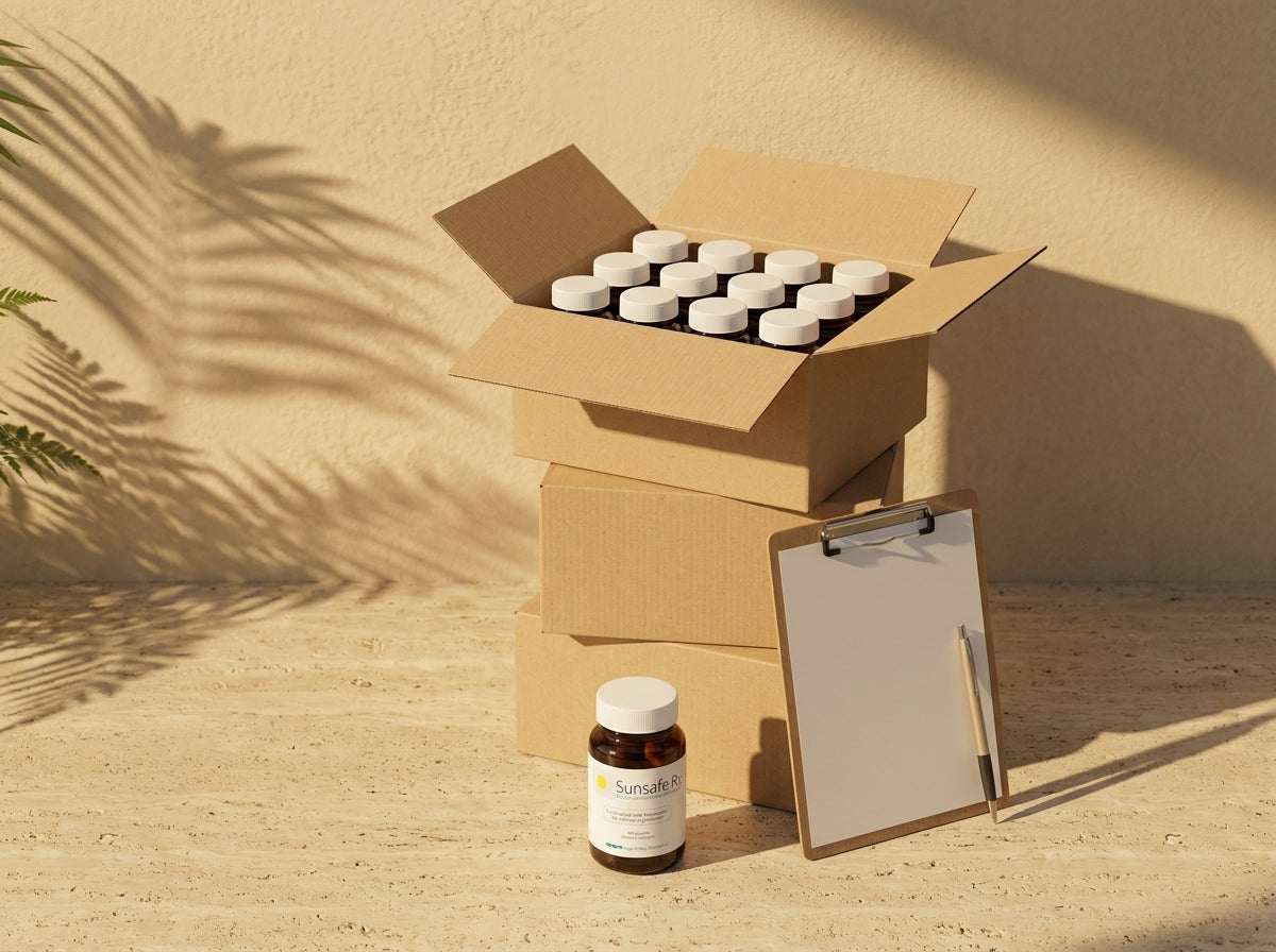 Kraft shipping cartons stacked by a wall, the top one open with rows of Sunsafe Rx bottles inside