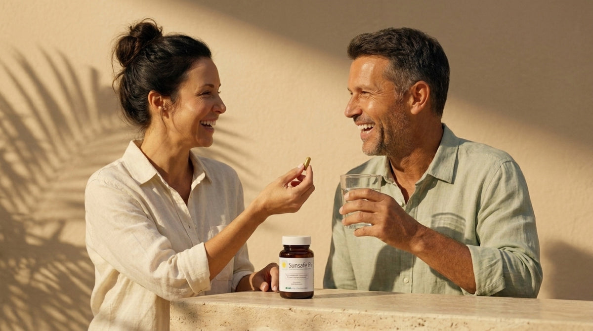 Man and women taking a Sunsafe Rx capsule with a glass of water