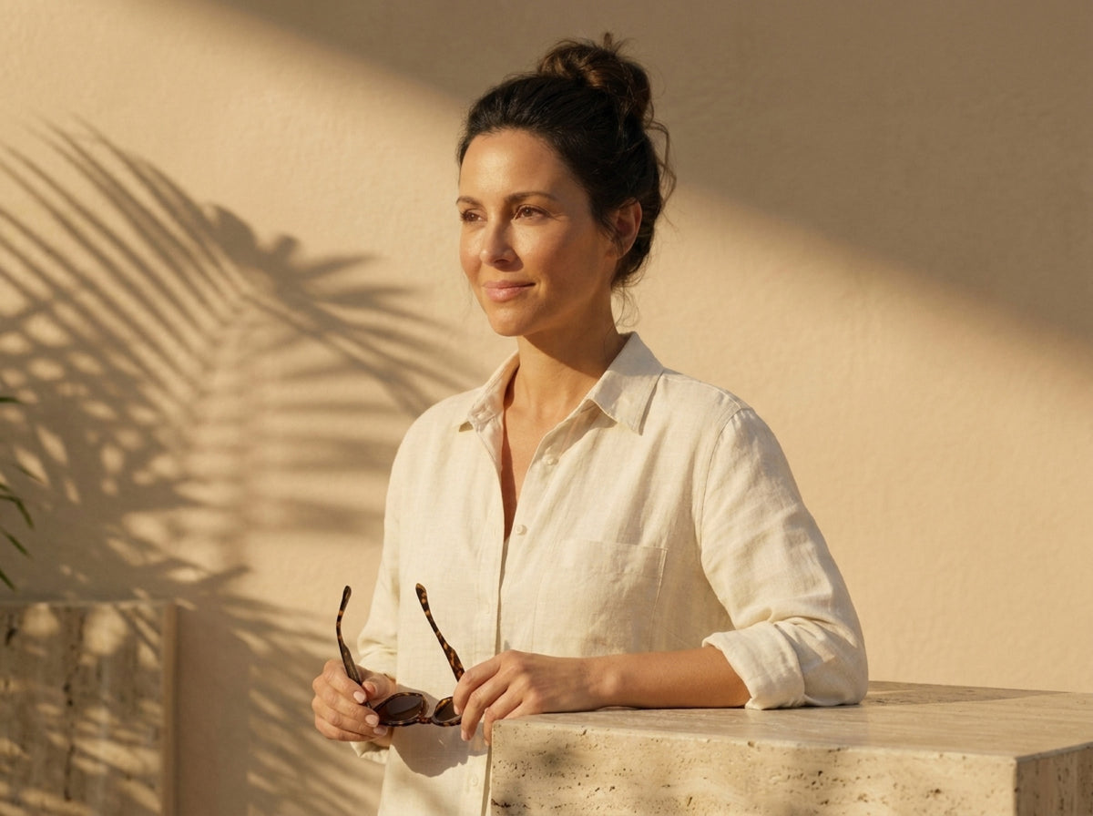 A woman in a linen shirt looking into the distance in warm light, holding a pair of sunglasses