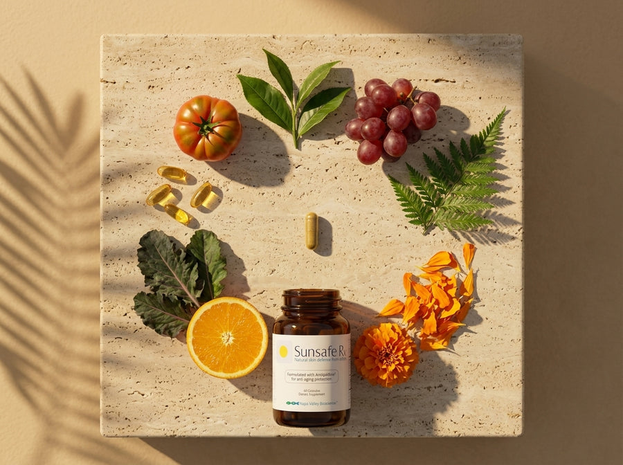 Sunsafe Rx bottle surrounded by the foods and plants its antioxidants come from
