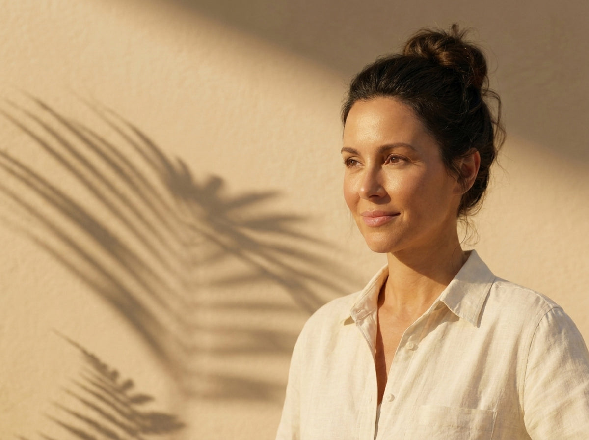 A close portrait of a smiling woman in soft golden light