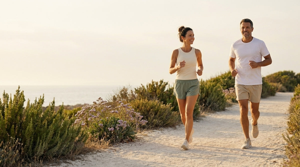 A man and a woman jogging on a coastal trail in golden light