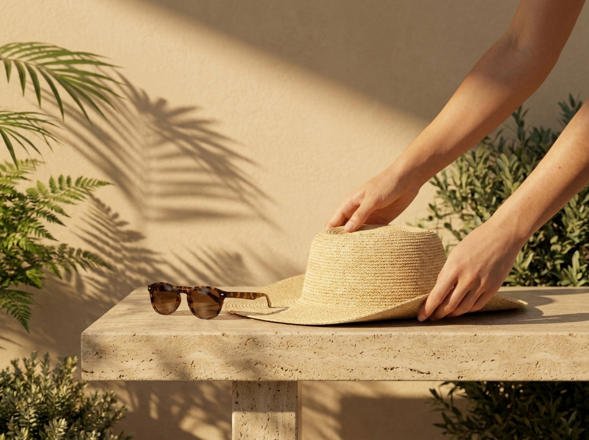 Hands setting a straw hat down next to sunglasses on a stone garden bench in golden light