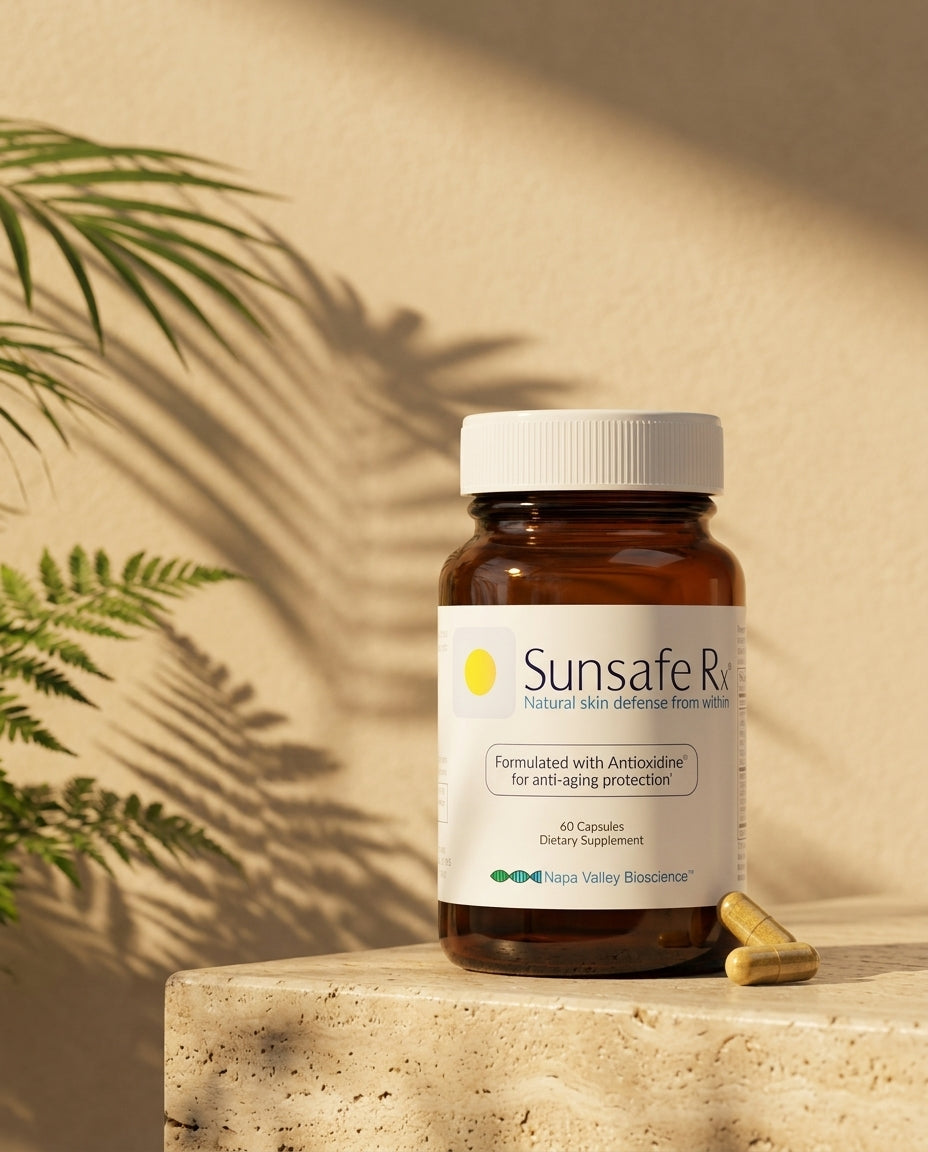 Sunsafe Rx bottle in golden sunlight on a stone ledge