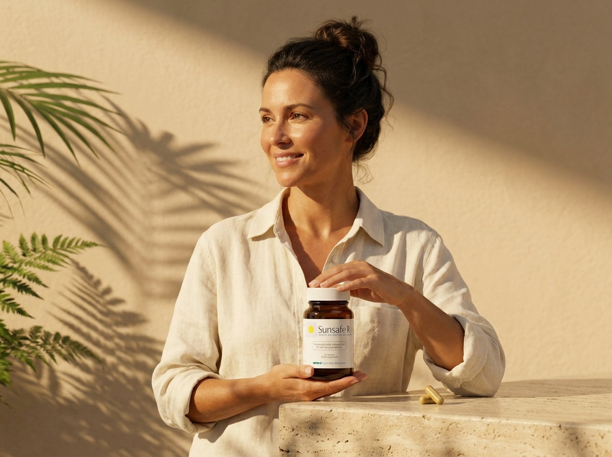 A smiling woman in a cream linen shirt holding a bottle of Sunsafe Rx by a stone ledge