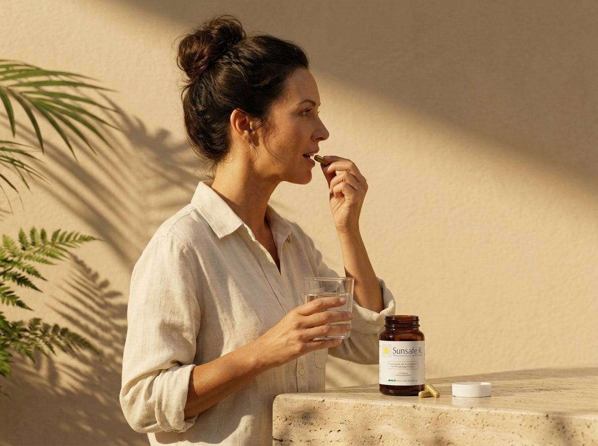 Taking a Sunsafe Rx capsule with a glass of water