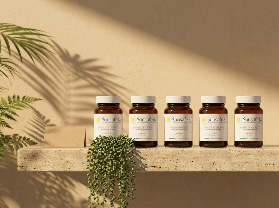 A row of Sunsafe Rx bottles on a stone shelf